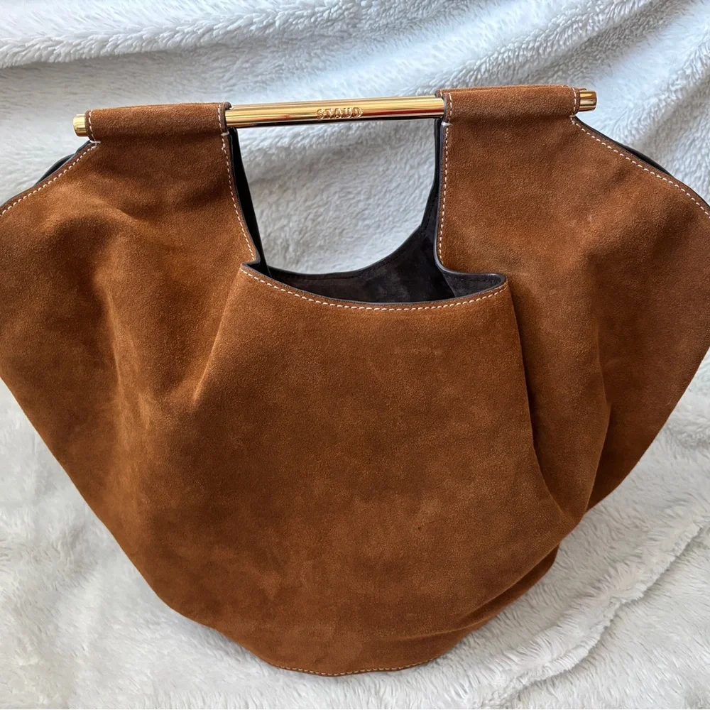 STAUD Tan Suede Shoulder Bag with Gold Handle - Picture 1 of 5